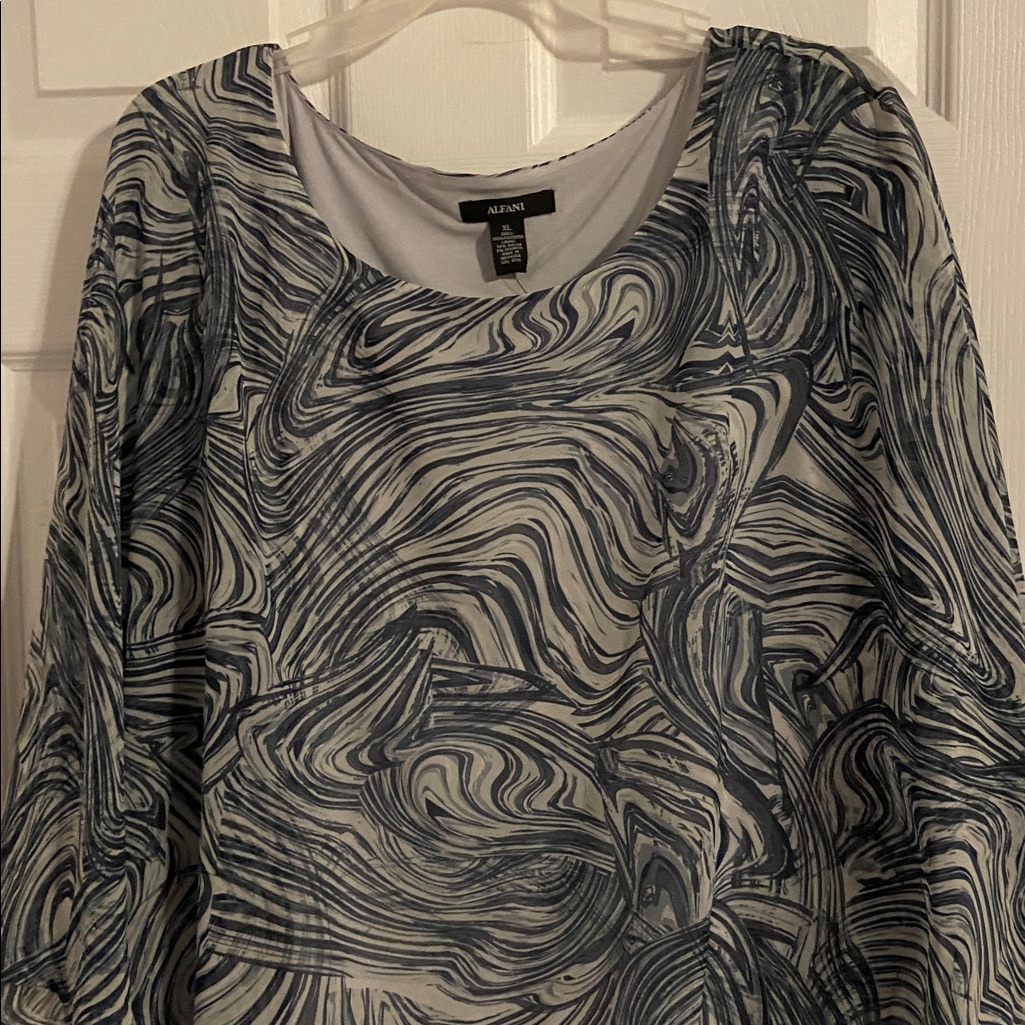 Alfani Navy And White Swirl Print Sheer Blouse